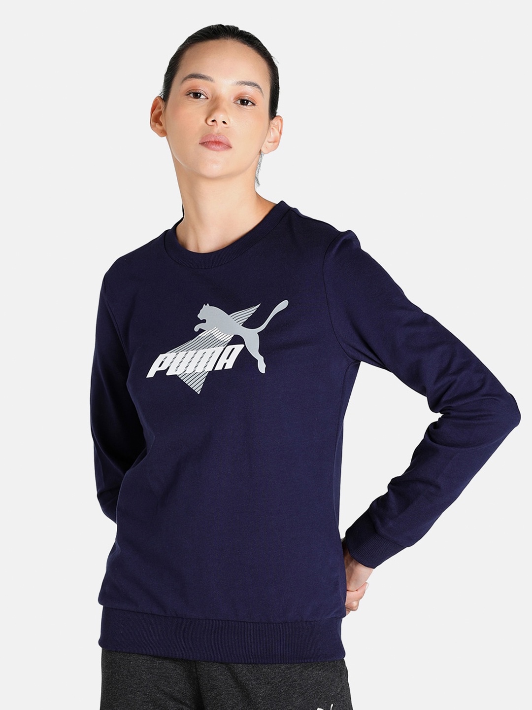 

Puma Women Navy Blue Graphic Crew Cotton Sweatshirt