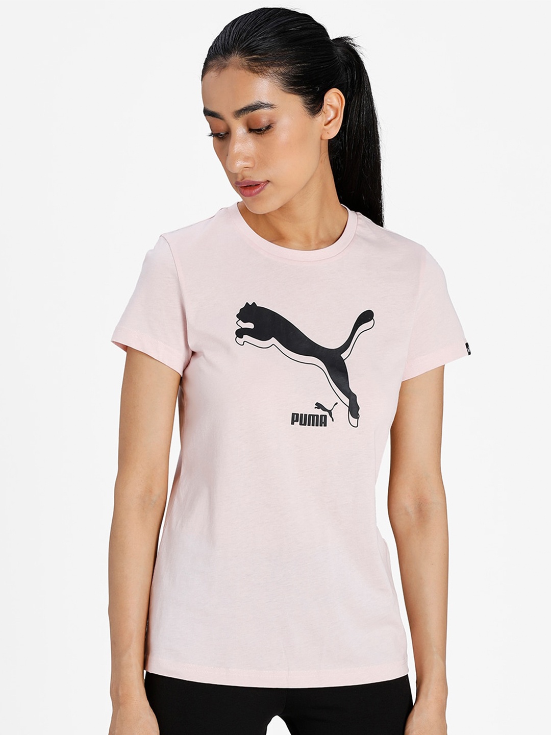 

Puma Women Pink & Black Power Logo Printed Cotton Regular Fit T-shirt