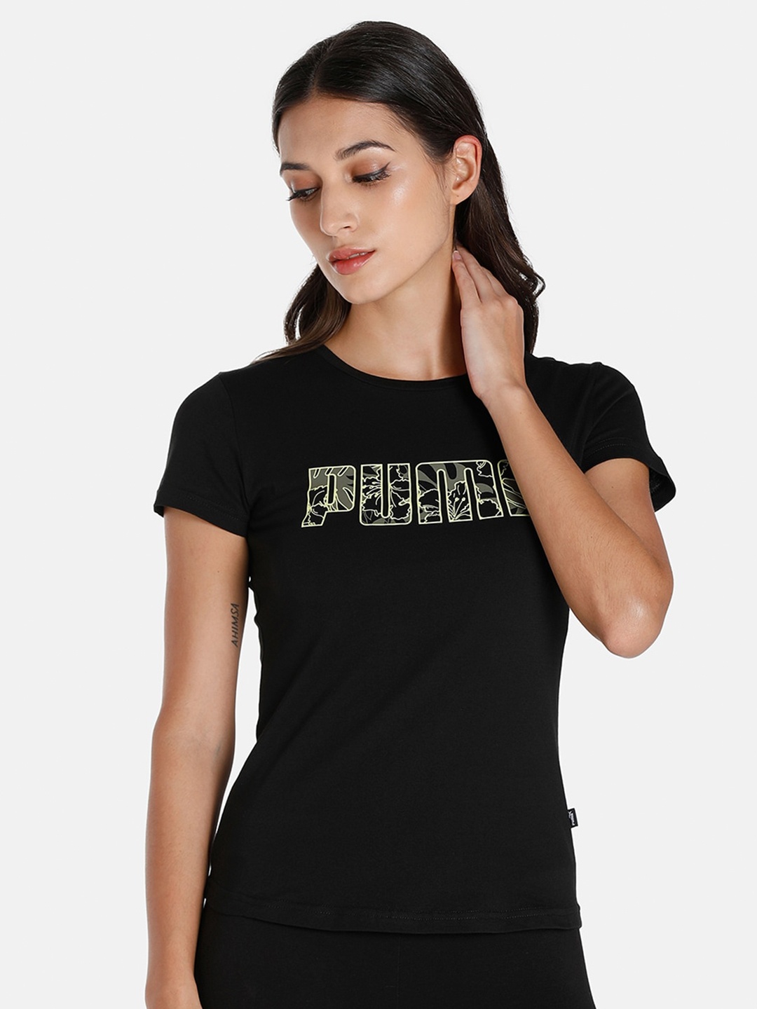 

Puma Women Black & Yellow Summer Printed Cotton T-shirt