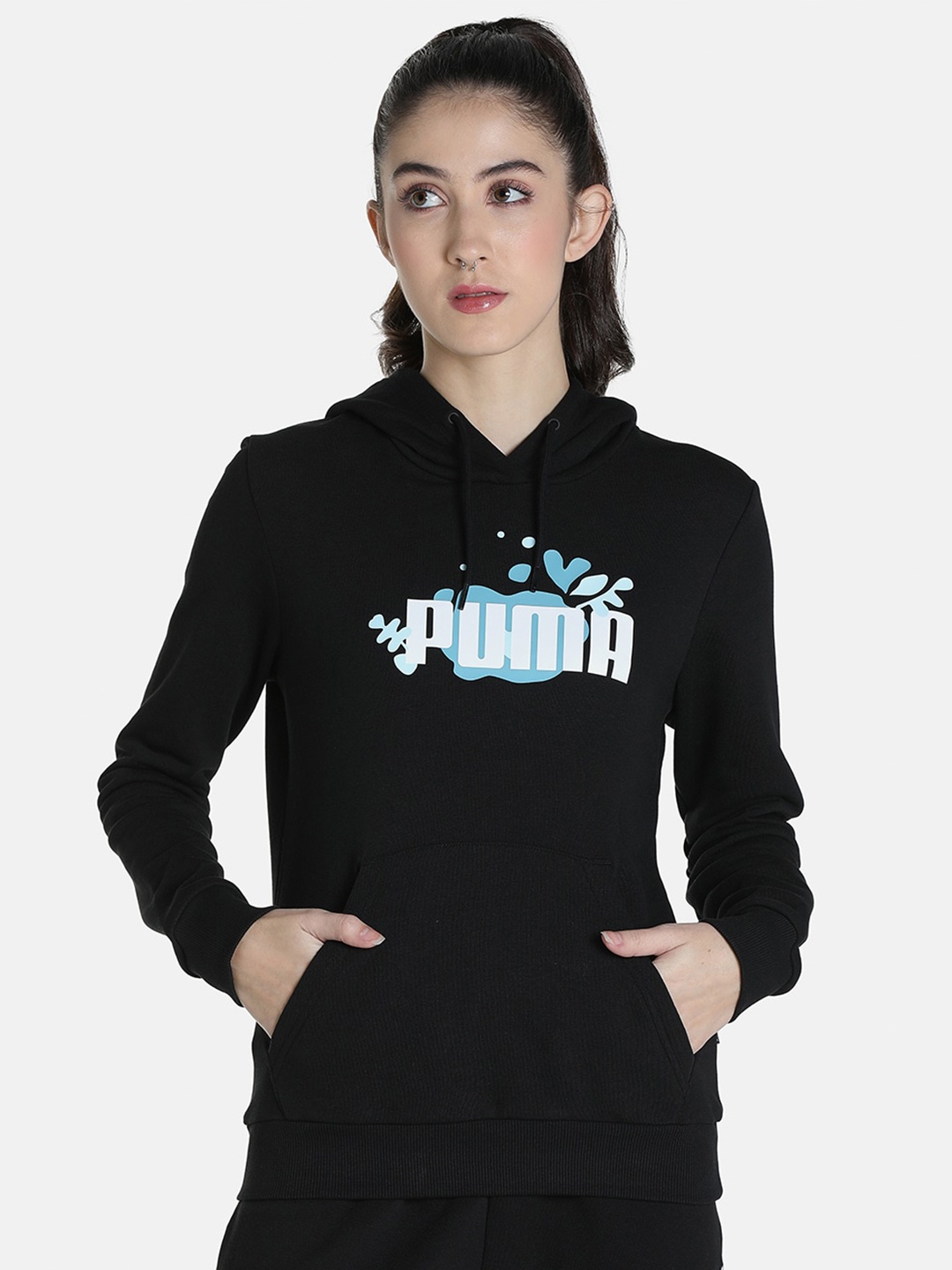 

Puma Women Black Futuristic Graphic Hooded Cotton Regular Fit Sweatshirt