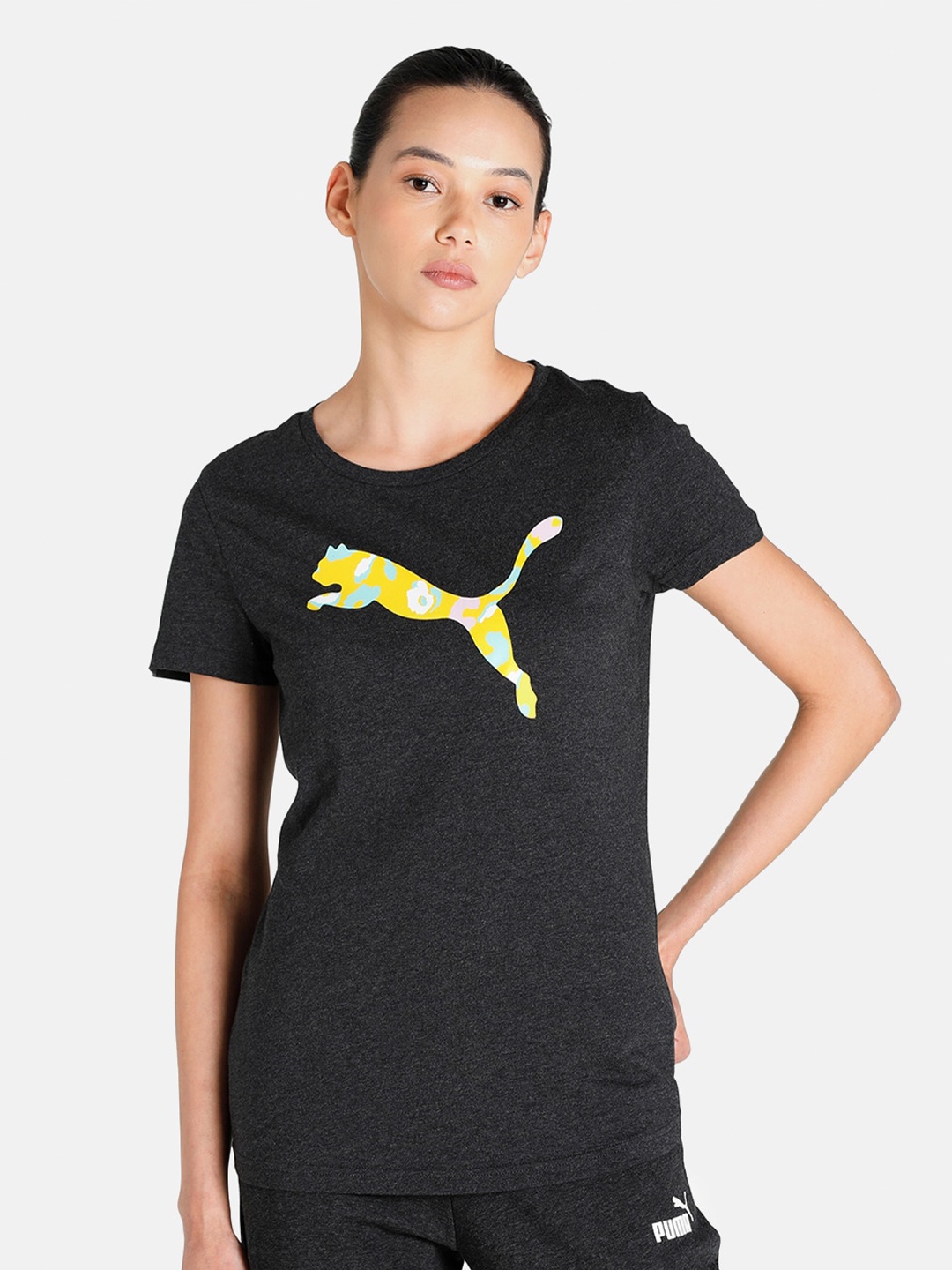 

Puma Women Charcoal & Yellow Graphic Printed Regular Fit Knitted Cotton T-Shirt