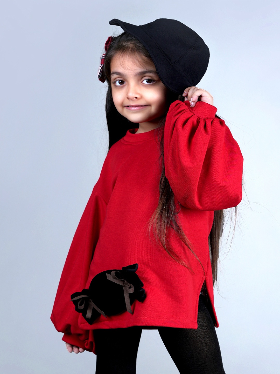 

Beyabella Red Puff Sleeves Fleece Top
