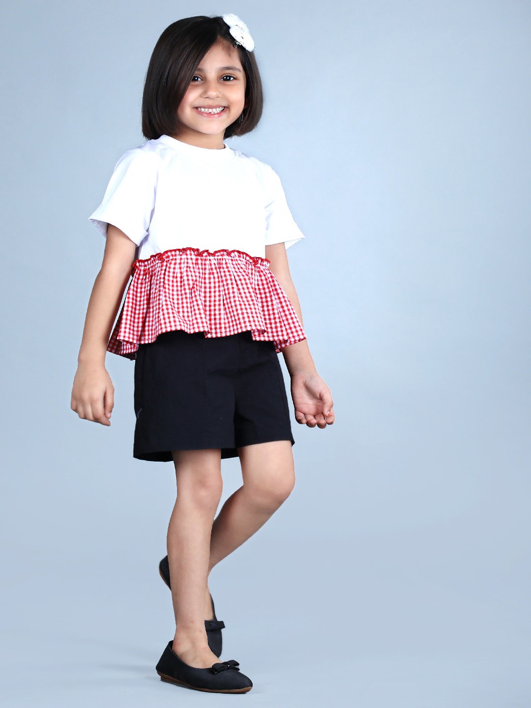 

Beyabella Girls White & Red Pure Cotton Checked Ruffled Peplum Top