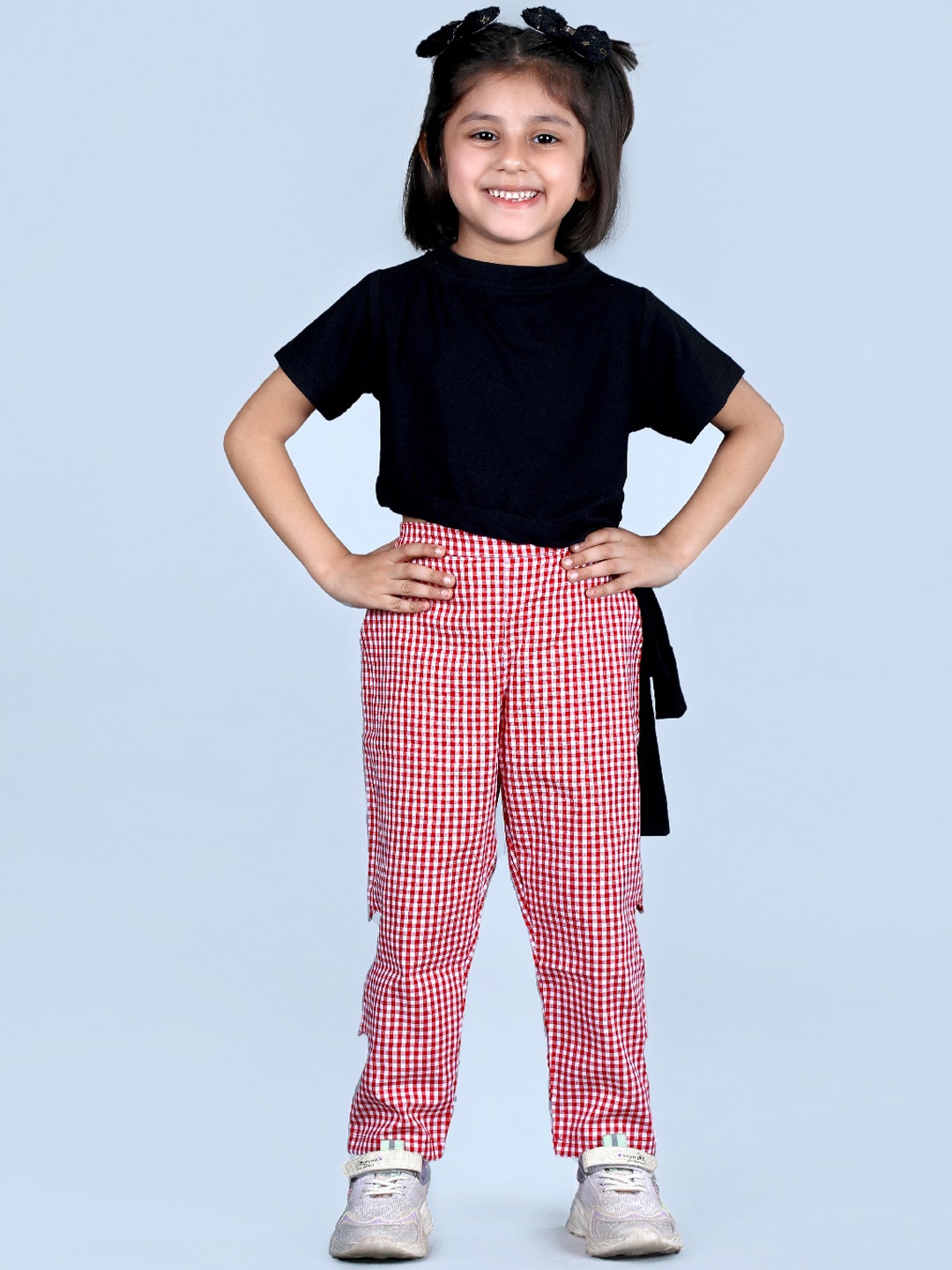 

Beyabella Girls Red Printed Cutwork Relaxed Straight Leg Easy Wash Cotton Trousers