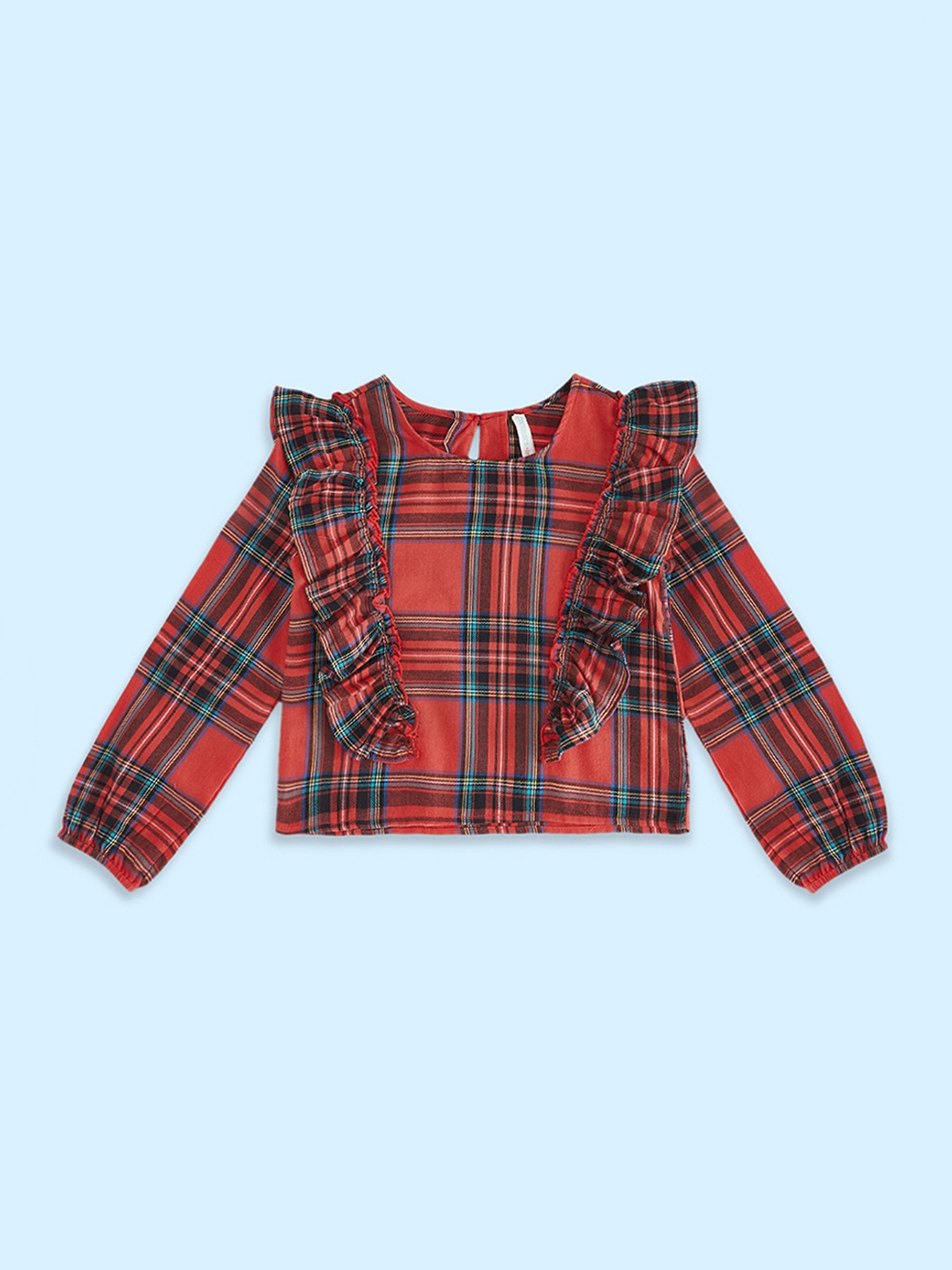 

Pantaloons Junior Girls Red & Blue Checked Ruffles Top