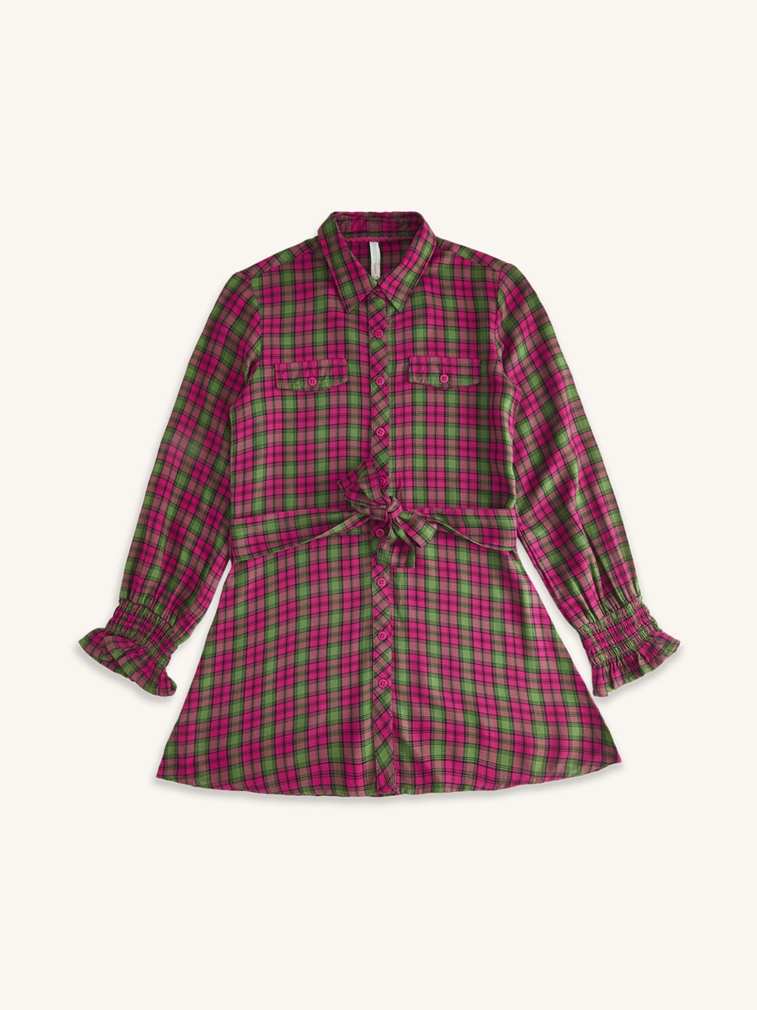 

Pantaloons Junior Girls Pink & Green Checked Shirt Style Top