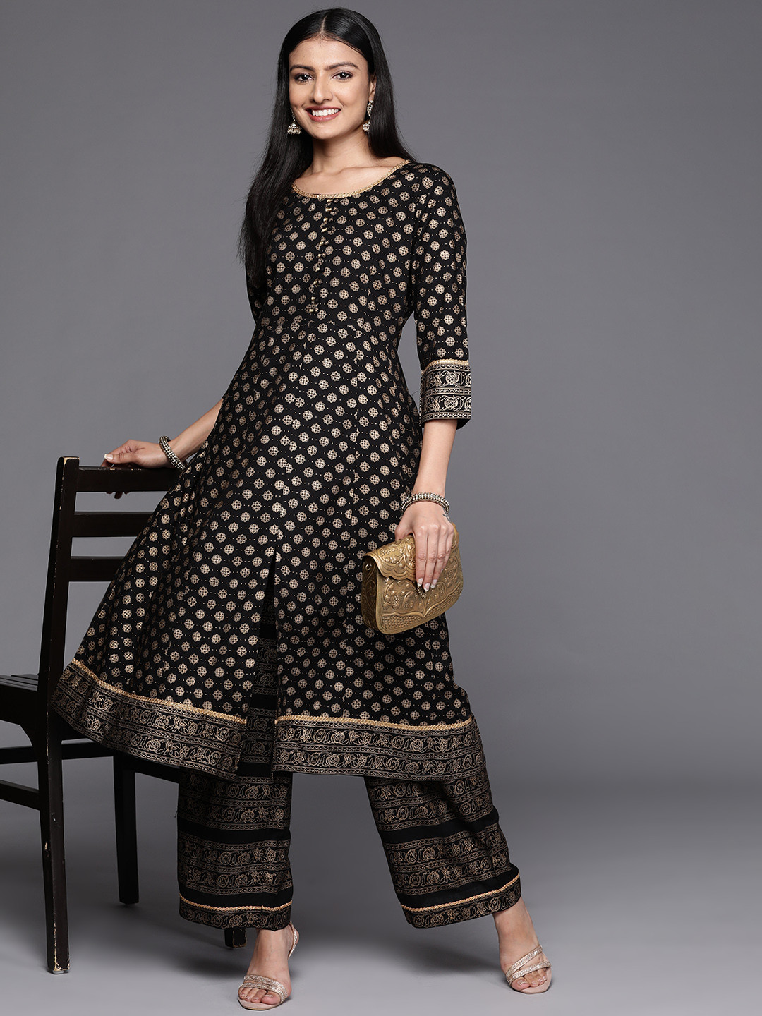 

Libas Women Black Ethnic Motifs Printed Gotta Patti Kurta