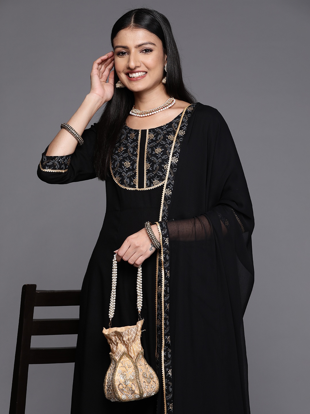 

Libas Women Black Floral Yoke Design Panelled Gotta Patti Kurta with Trousers & With Dupatta