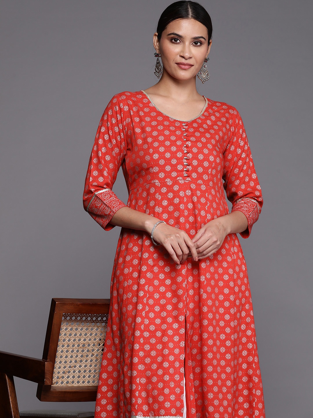 

Libas Women Red Ethnic Motifs Printed Gotta Patti Kurta