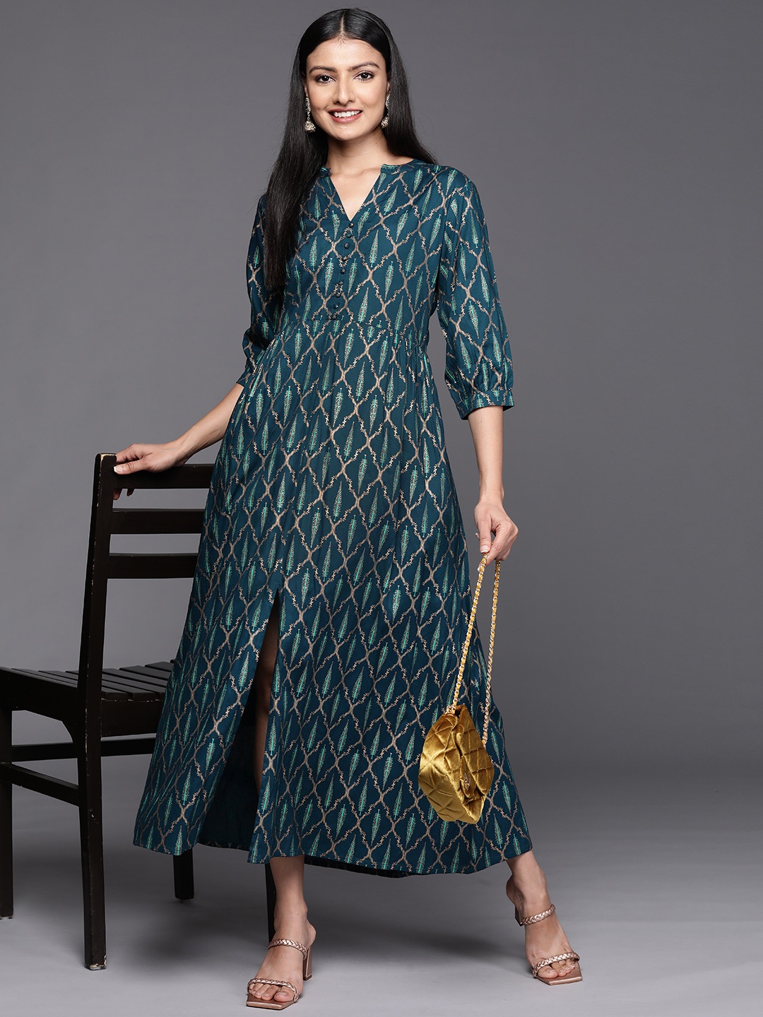 

Libas Woman Ethnic Motifs A-Line Maxi Dress, Teal