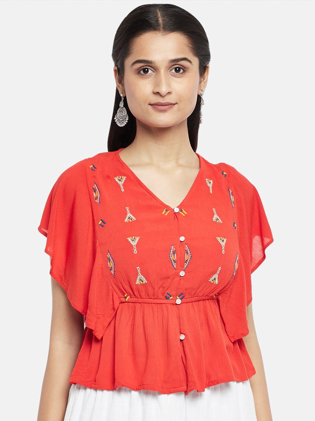 

People Orange Ethnic Motifs Print Top