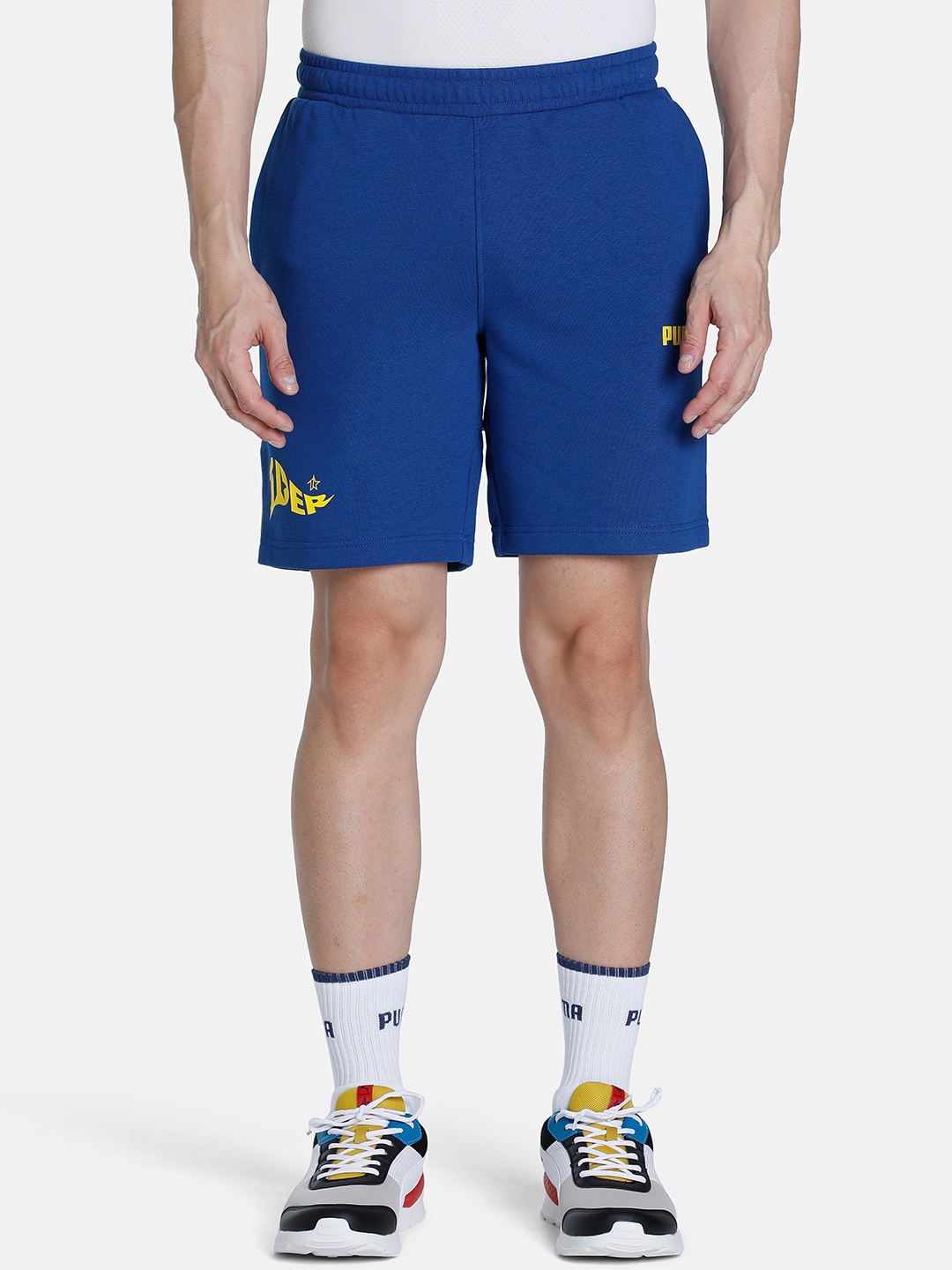 

Puma x 1DER KL Rahul Men Blue Slim Fit Grunge Logo Cotton Shorts