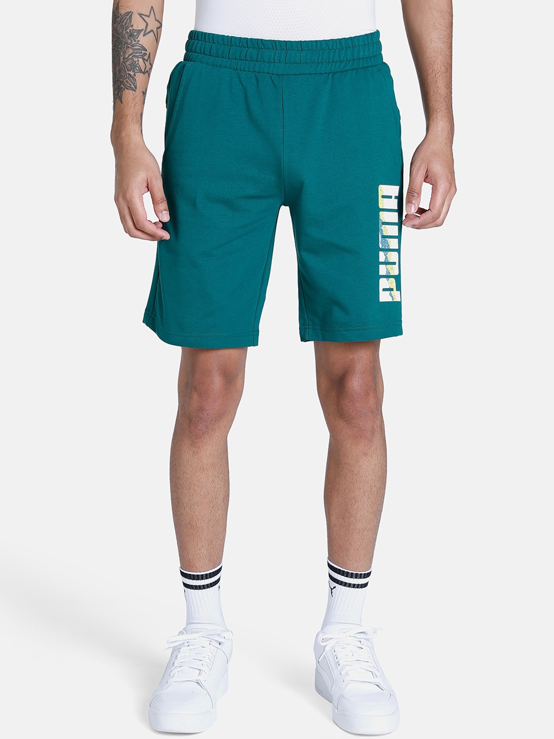 

Puma Men Green Printed Slim Fit Graphic Cotton Shorts