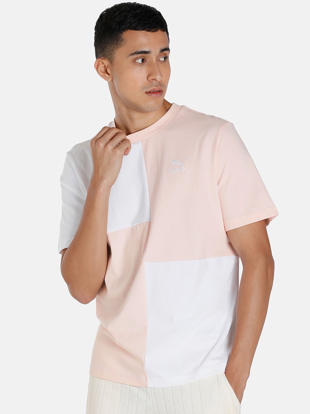 

Puma Men Pink & White Classics Patchwork Colourblocked Cotton T-shirt