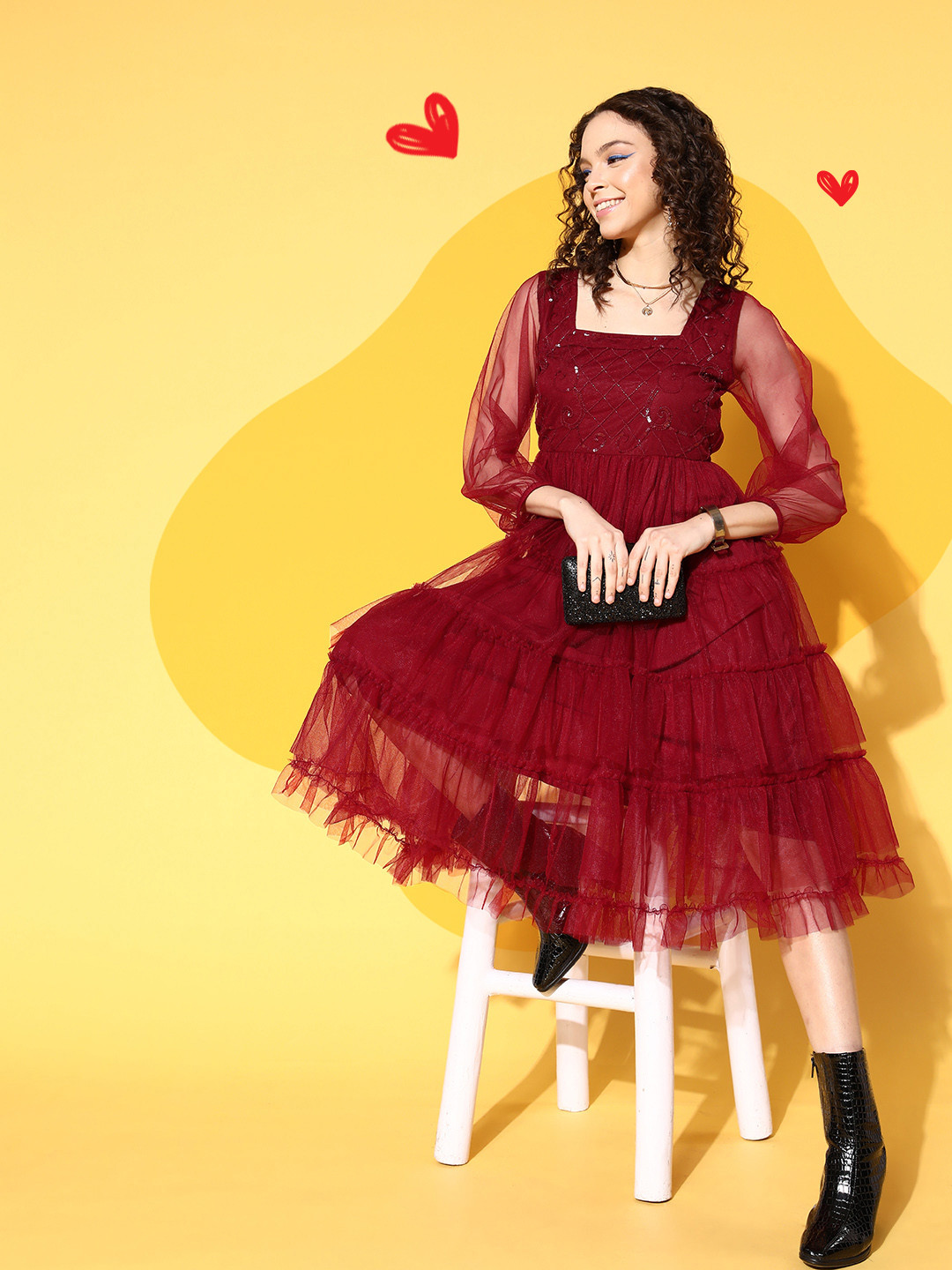 

Antheaa Red Embellished Net A-Line Midi Dress
