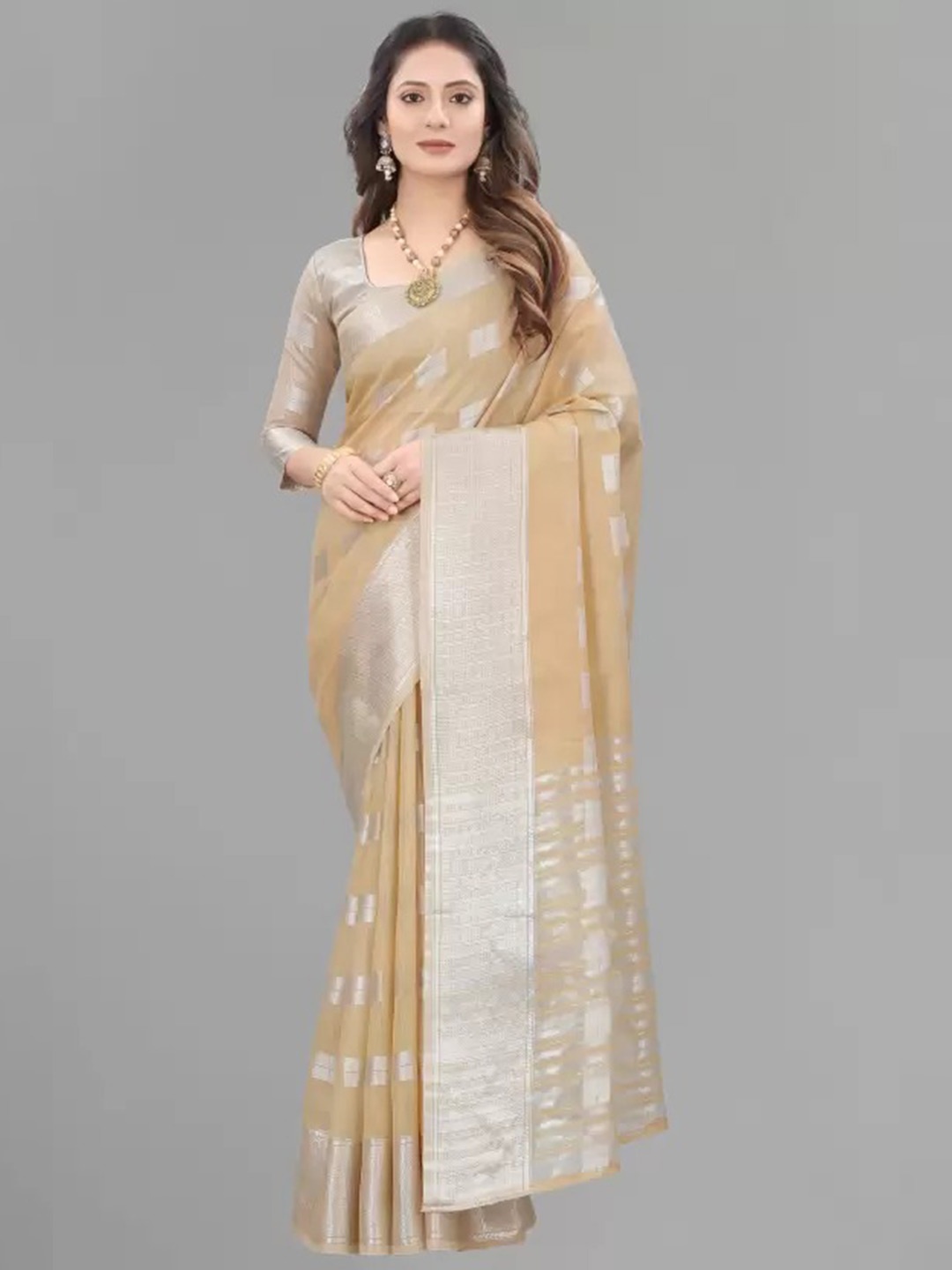

M M Venture Beige & Silver-Toned Zari Silk Cotton Saree