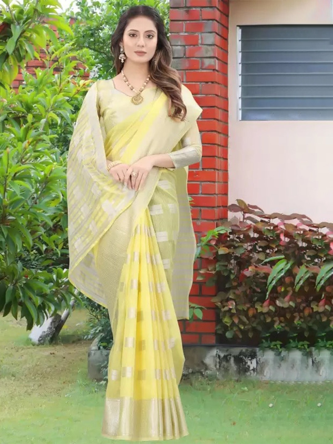 

M M Venture Yellow & Silver-Toned Zari Silk Cotton Saree
