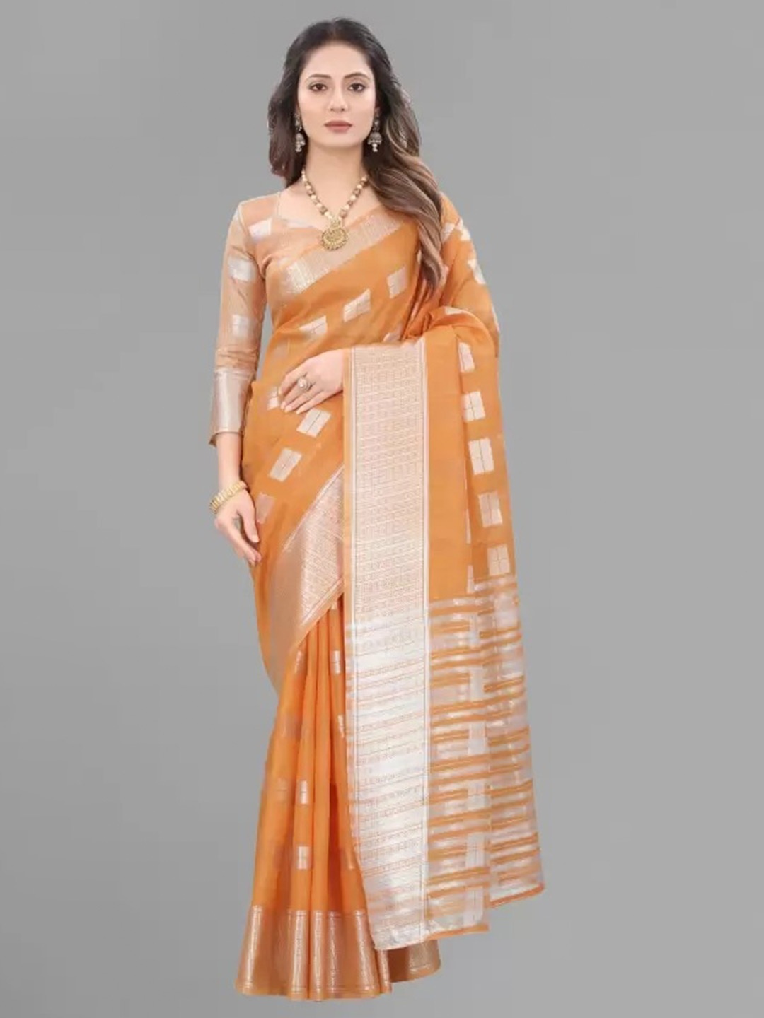 

M M Venture Orange & Gold-Toned Zari Silk Cotton Saree