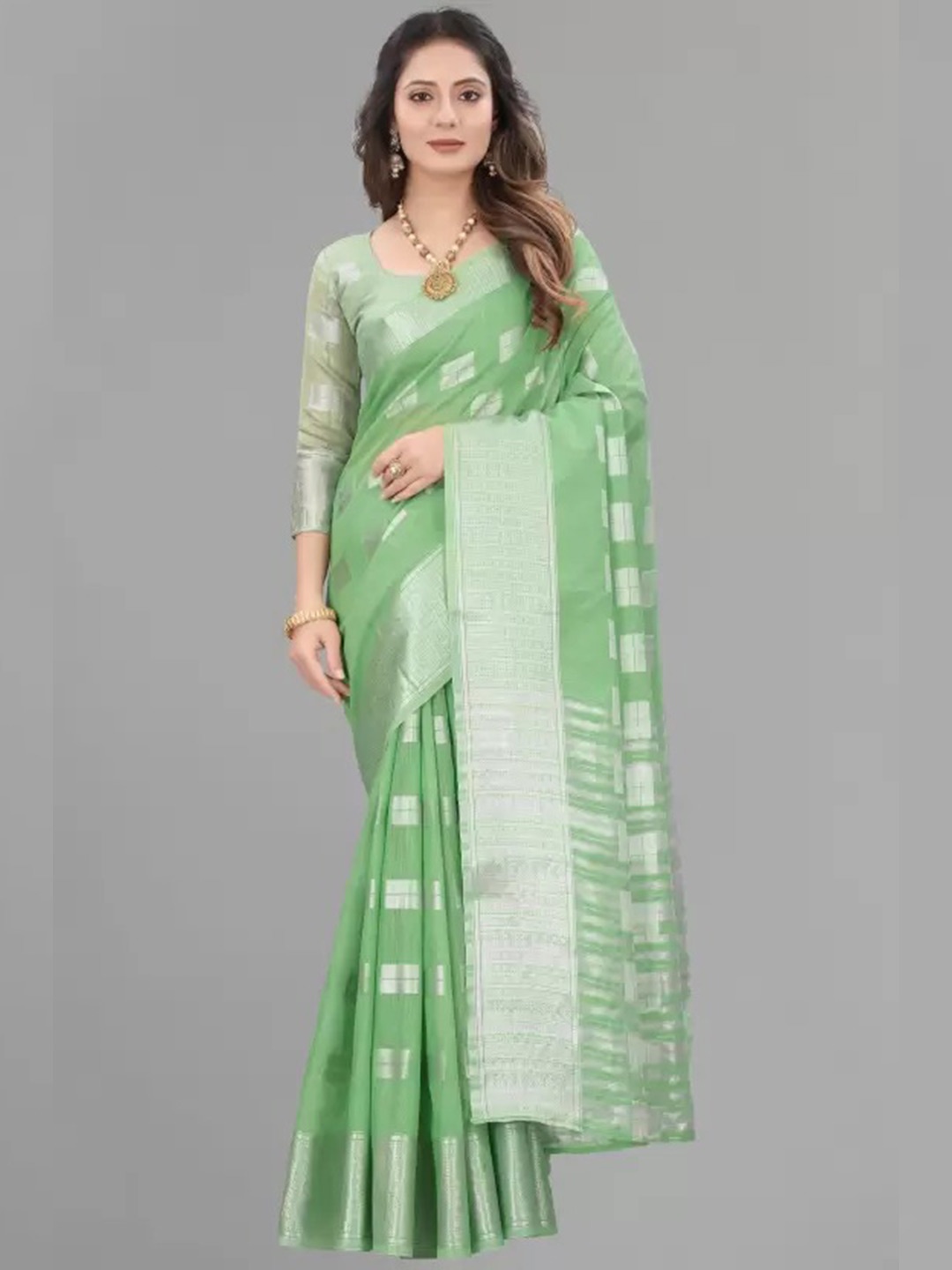 

M M Venture Green & Silver-Toned Striped Zari Silk Cotton Saree