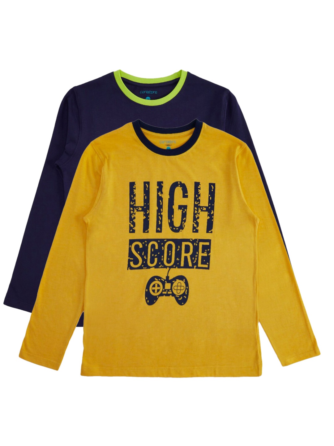 

Pantaloons Junior Boys Navy Blue & Yellow Pack Of 2 Printed Cotton T-shirt