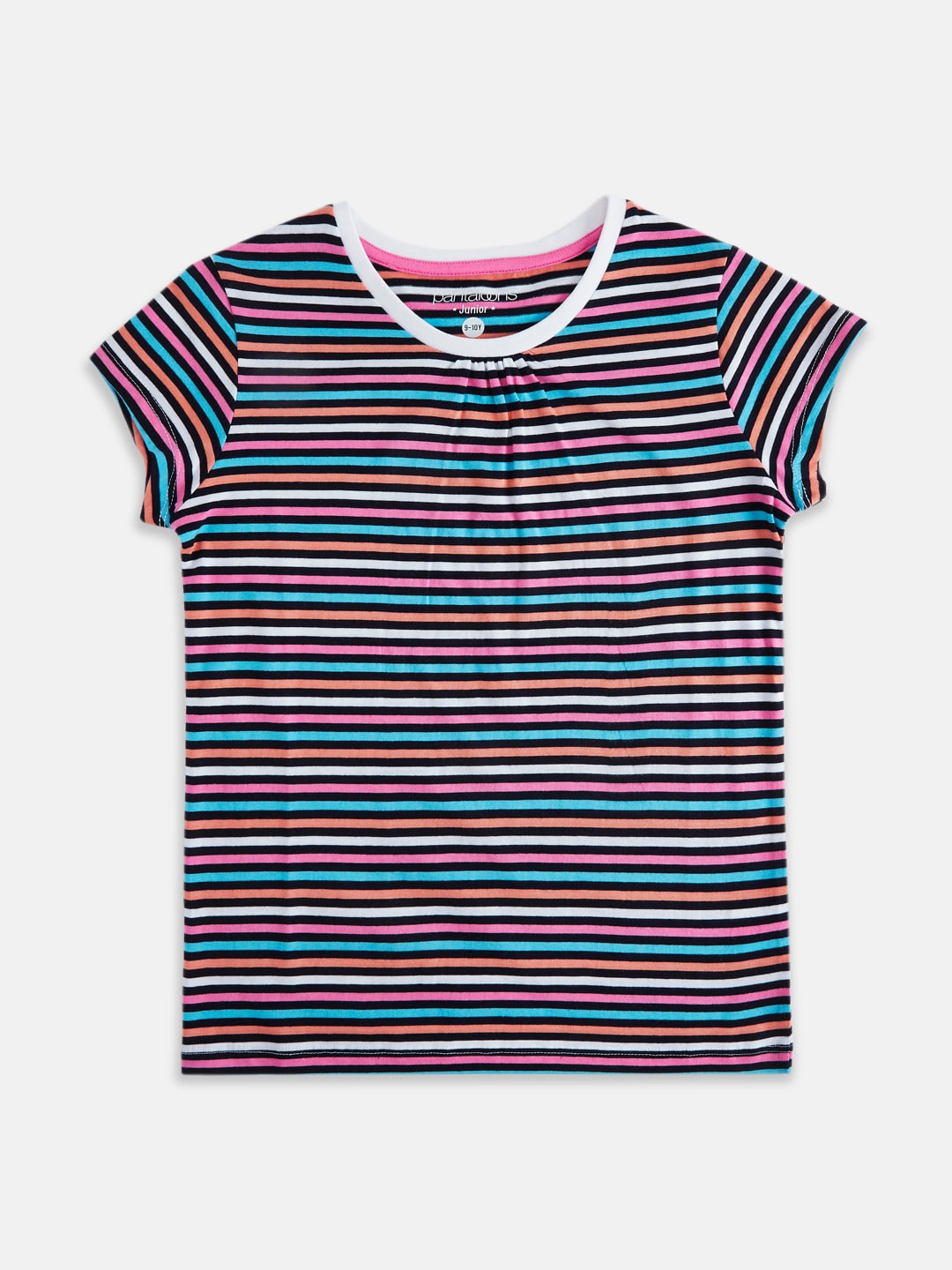 

Pantaloons Junior Girls Black & Pink Striped Cotton T-shirt