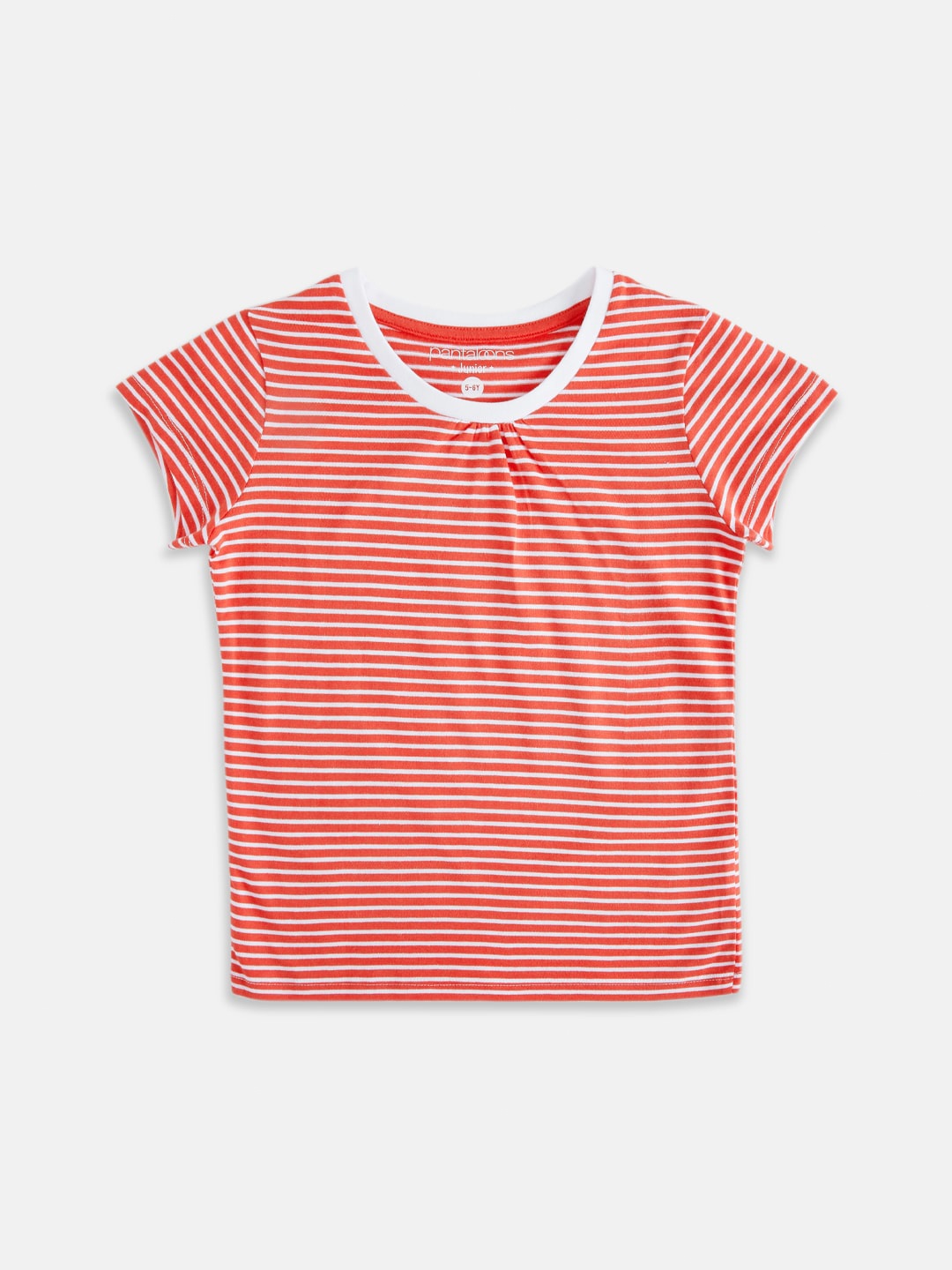 

Pantaloons Junior Girls Orange & White Striped Cotton T-shirt