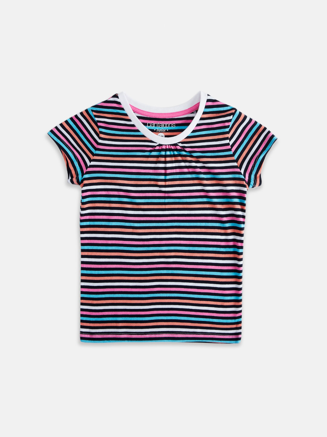 

Pantaloons Junior Girls Black & Orange Striped Cotton T-shirt