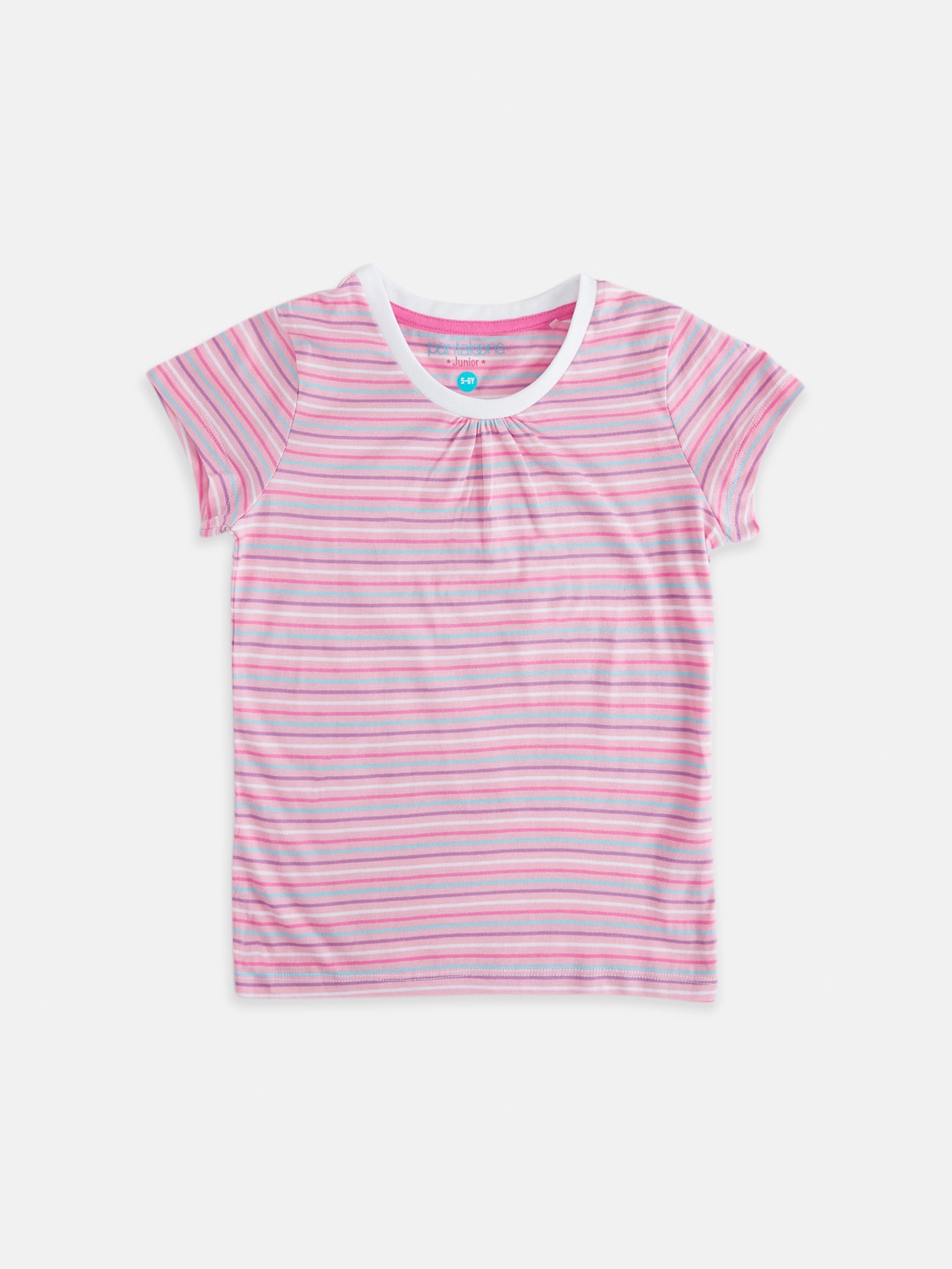 

Pantaloons Junior Girls Pink & Blue Striped Cotton T-shirt