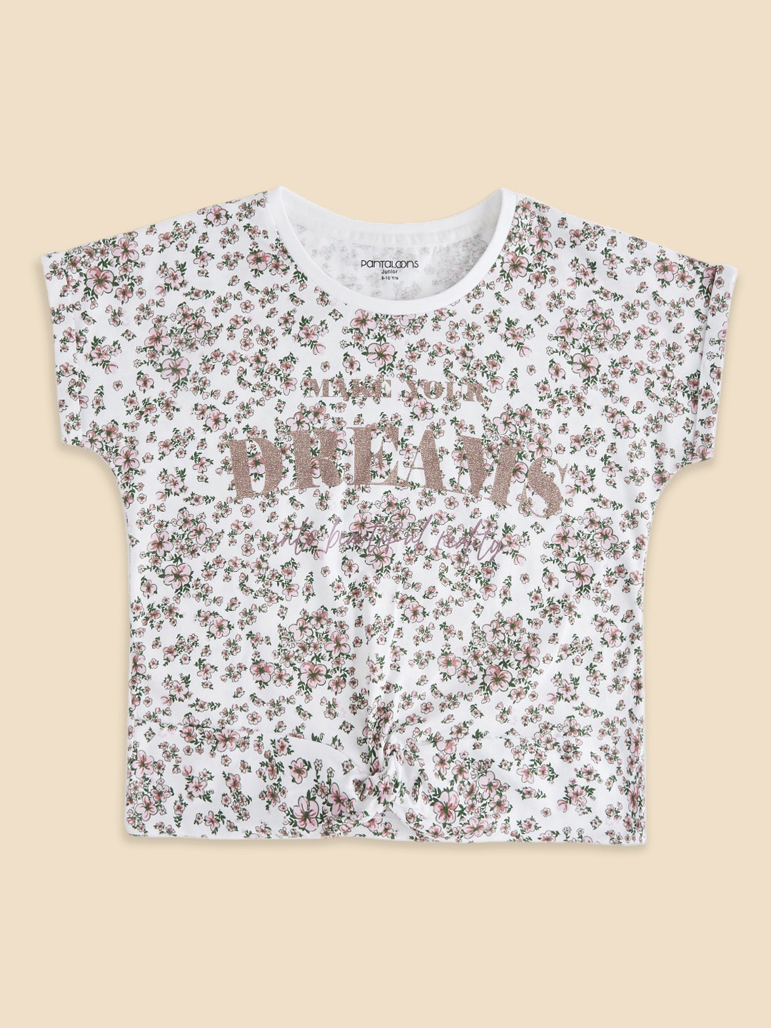 

Pantaloons Junior Girls White & Brown Floral Printed Cotton T-shirt