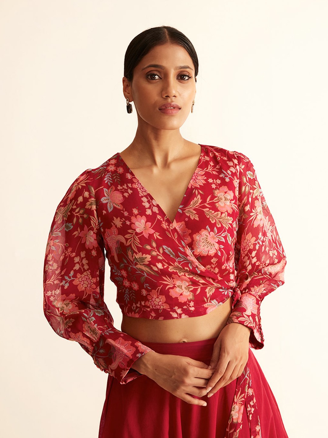 

Ancestry Pink Floral Print Wrap Crop Top