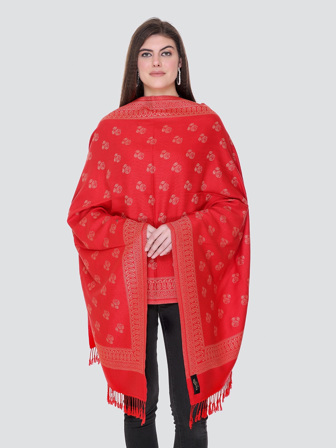 

KANIGARI Women Peach-Coloured & Cream-Coloured Woven Design Wool Stole