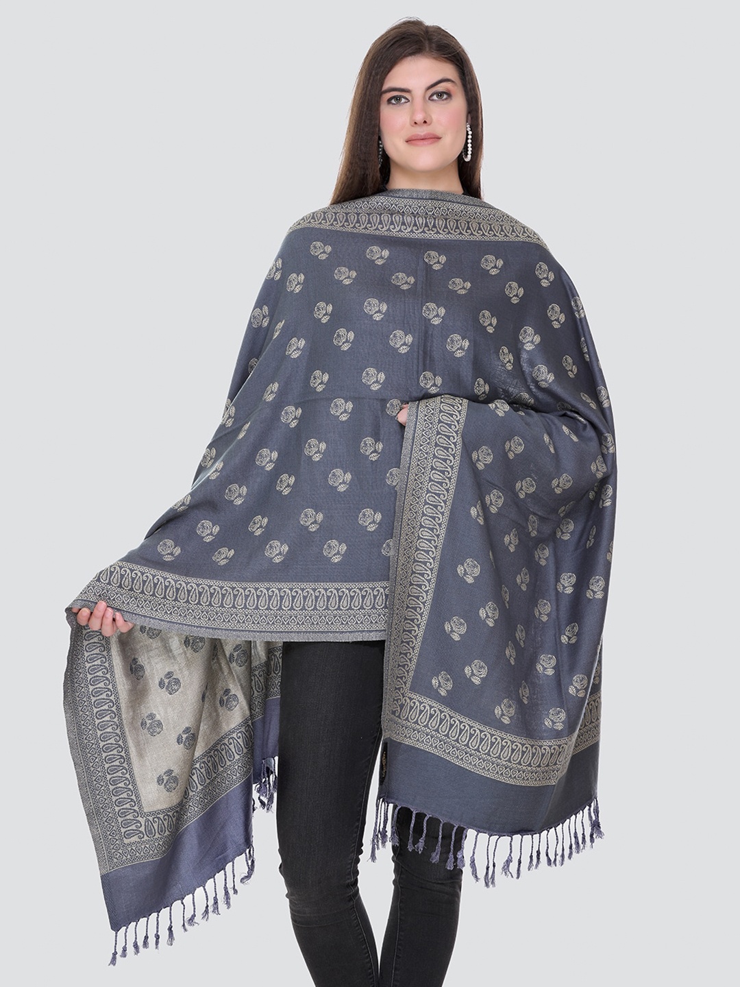 

KANIGARI Women Grey & Beige Woven Design Wool Stole