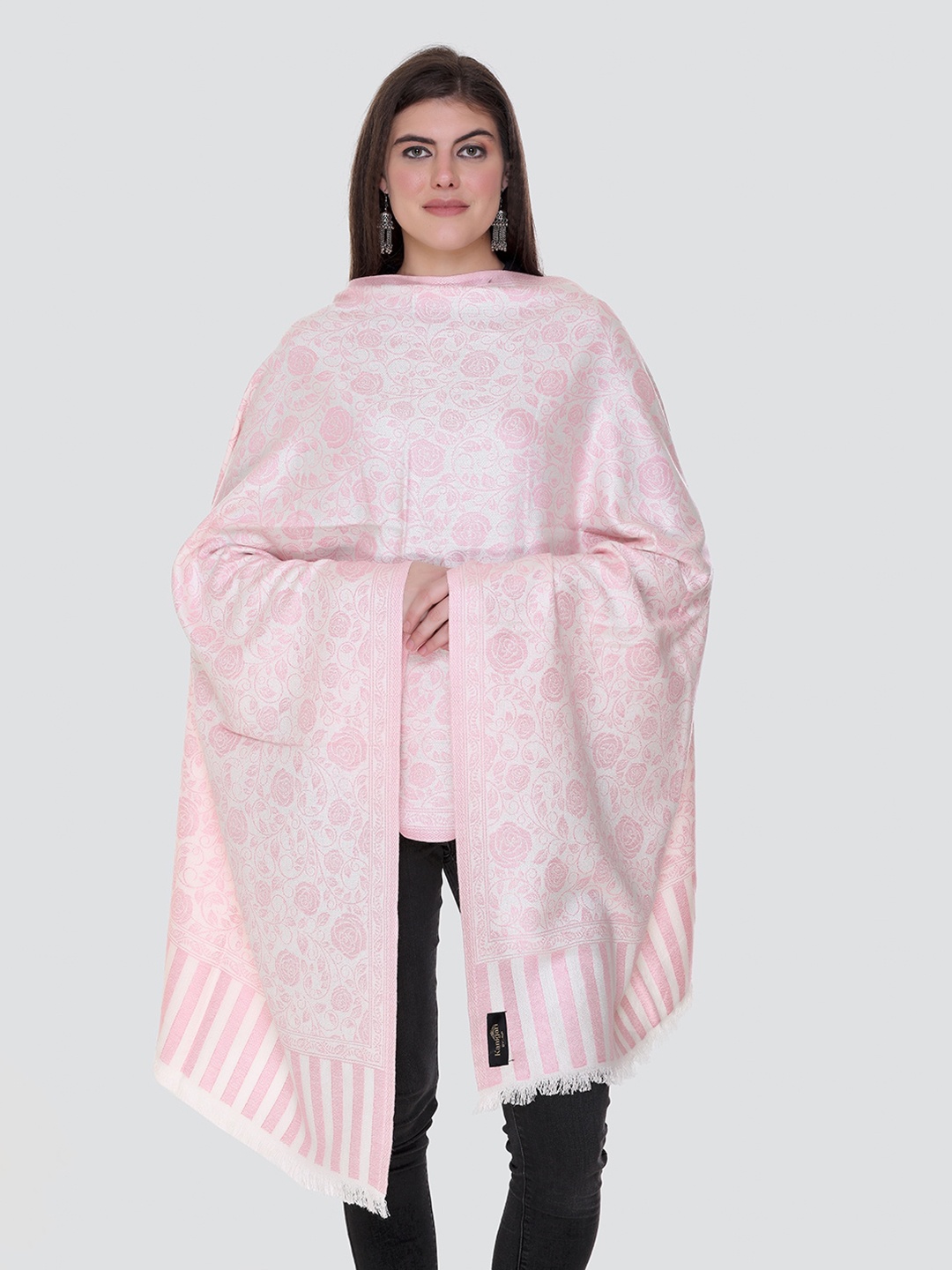 

KANIGARI Women White & Pink Woven Design Wool Stole