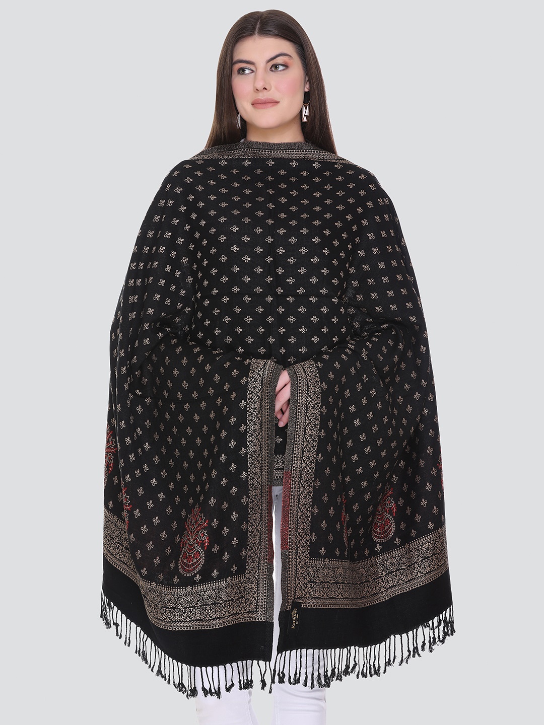

KANIGARI Women Black & Cream-Coloured Woven Design Wool Stole
