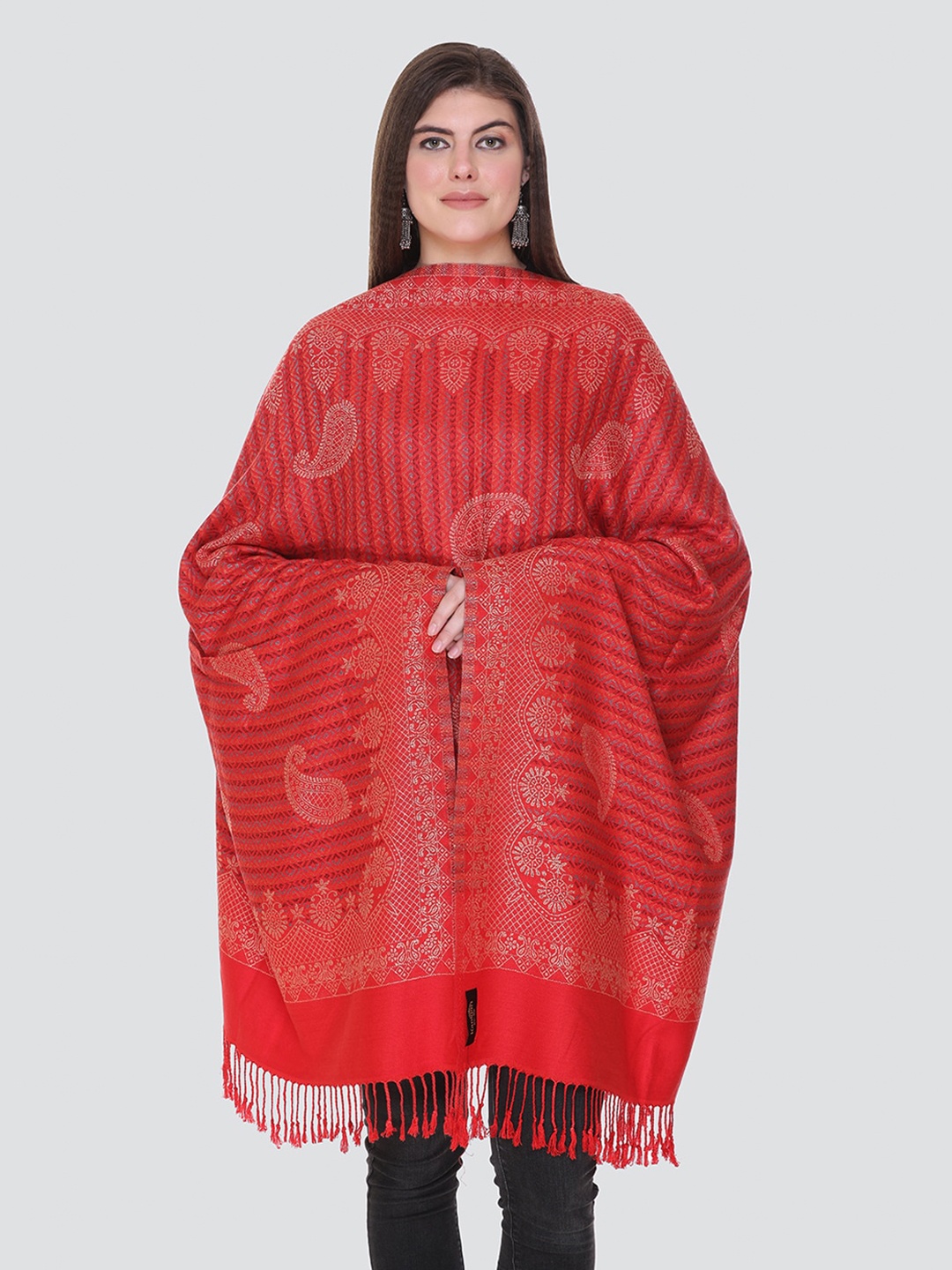 

KANIGARI Women Red & Beige Woven Design Wool Stole
