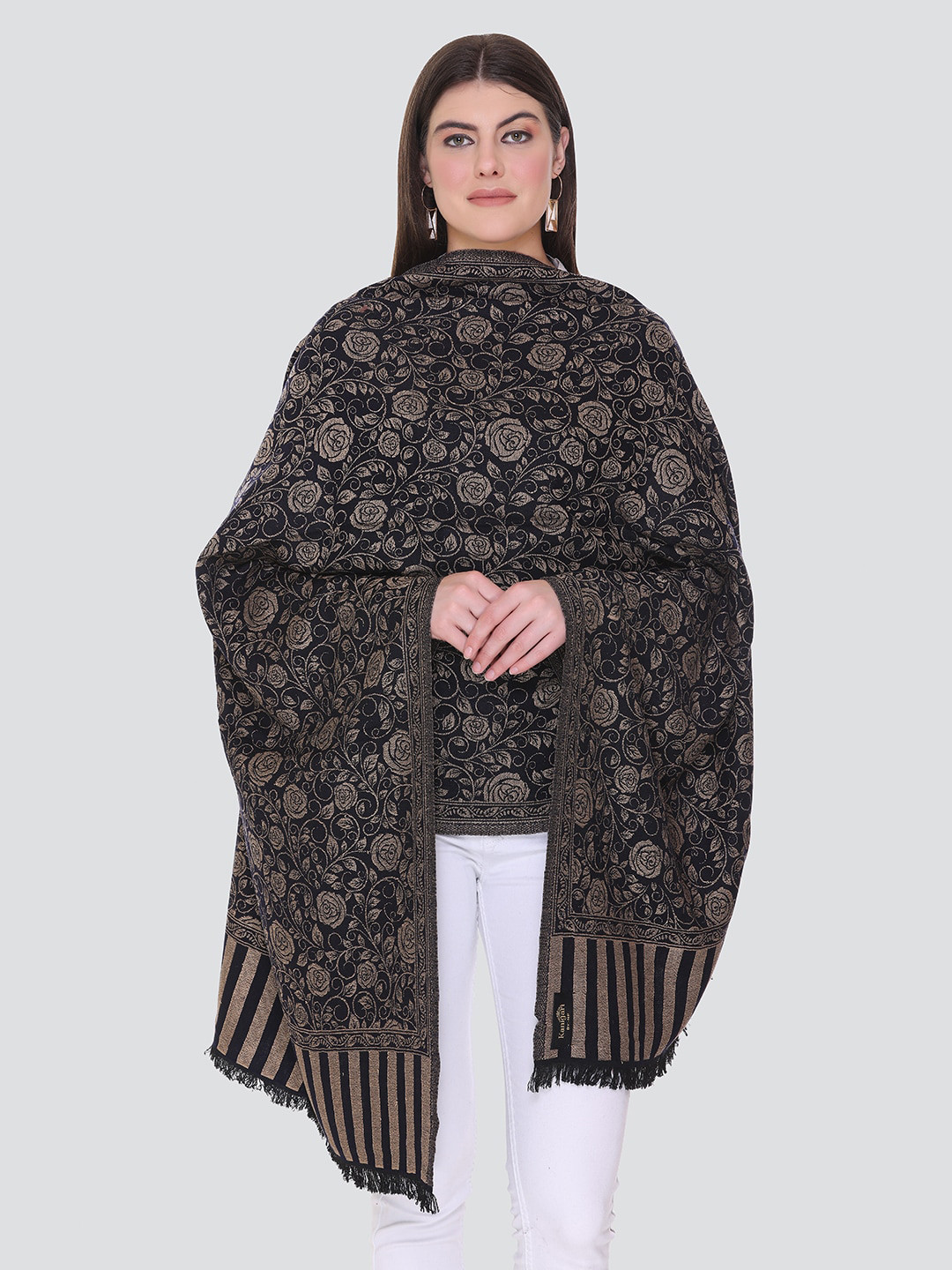 

KANIGARI Women Black & Beige Woven Design Wool Stole