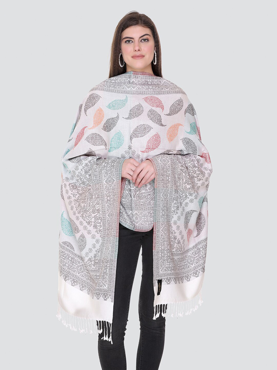 

KANIGARI Women White & Blue Woven Design Wool Stole
