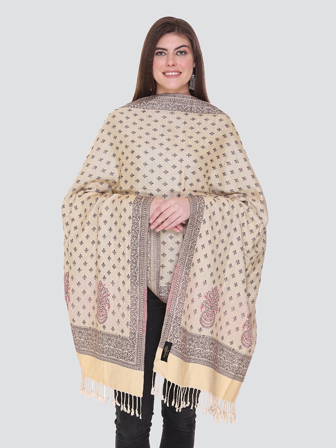 

KANIGARI Women Nude-Coloured & Red Woven Design Wool Stole