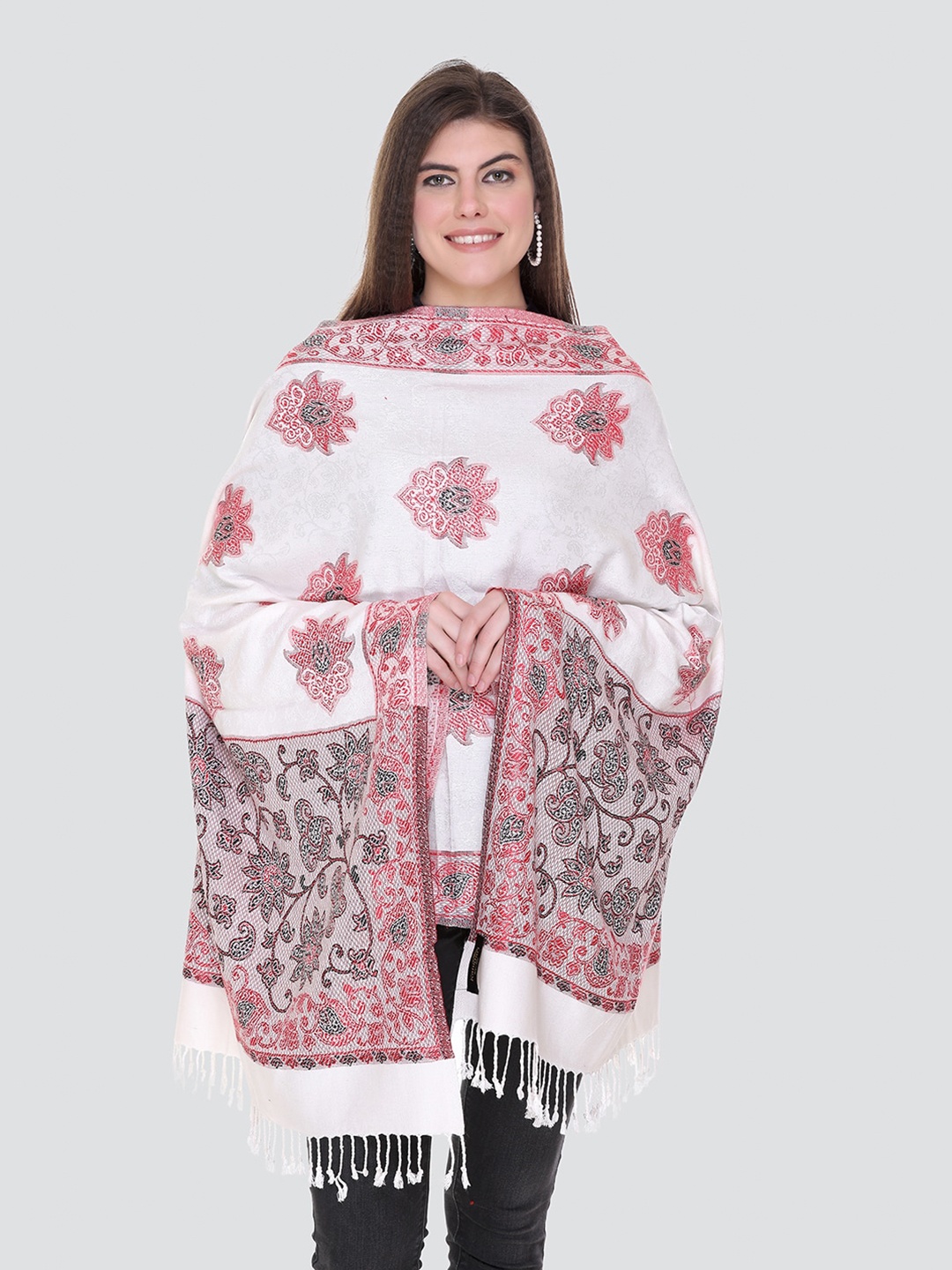 

KANIGARI Women White & Red Woven Design Stole