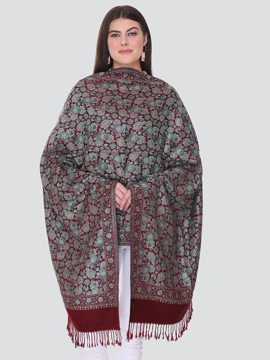 

KANIGARI Women Maroon & Green Woven Design Wool Stole