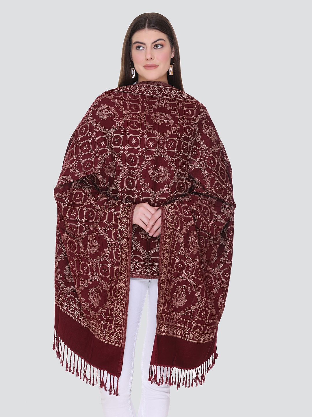 

KANIGARI Women Maroon & White Woven Design Wool Stole