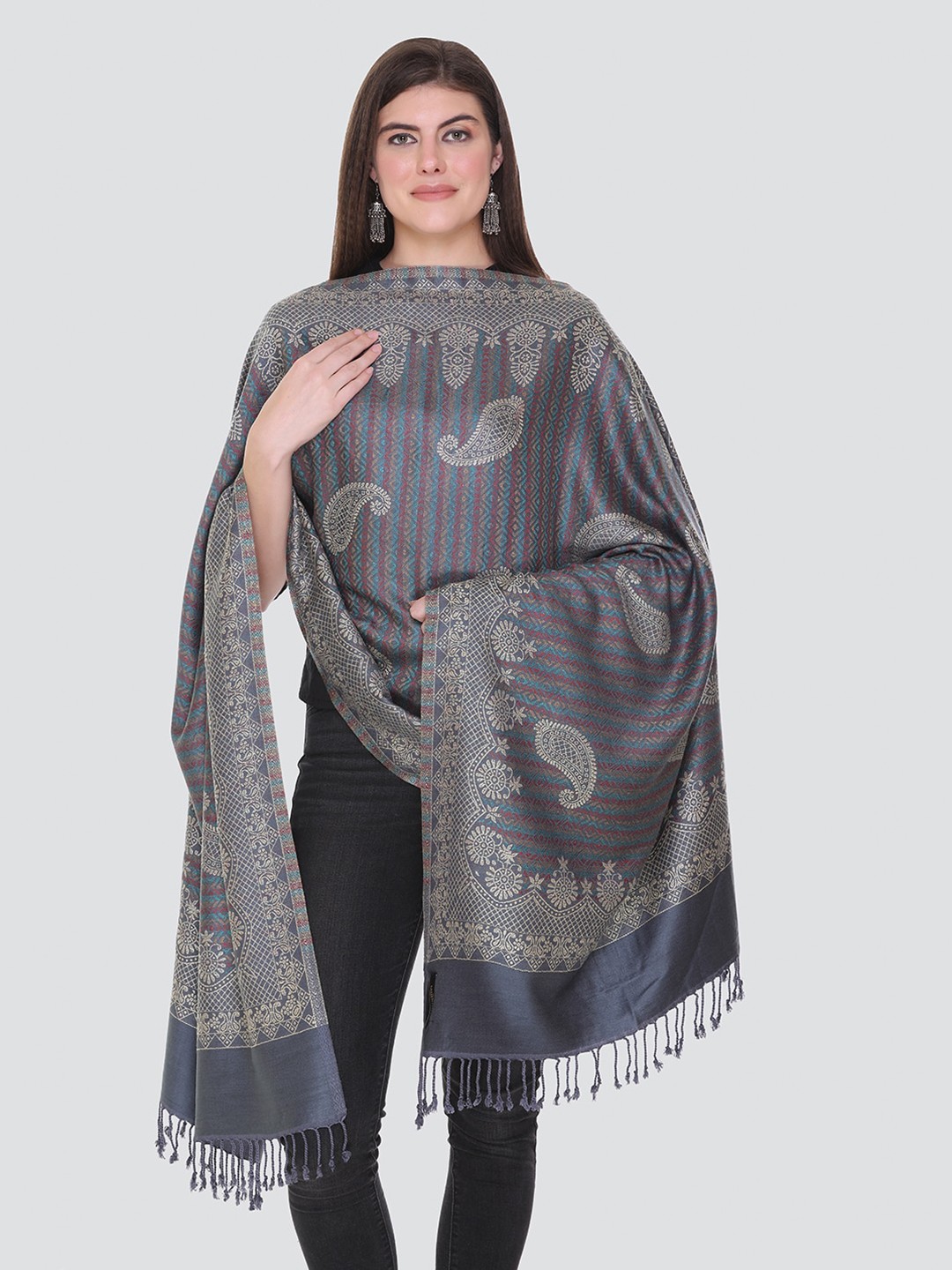 

KANIGARI Women Grey Woven Design Wool Stole