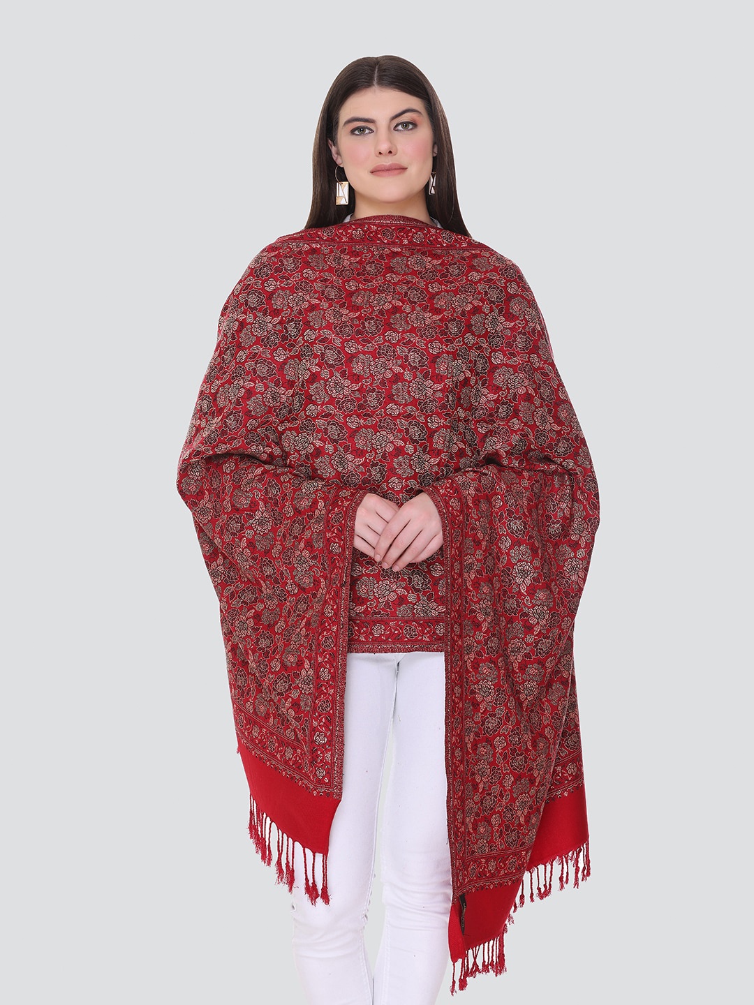 

KANIGARI Women Maroon & Beige Woven Design Wool Stole