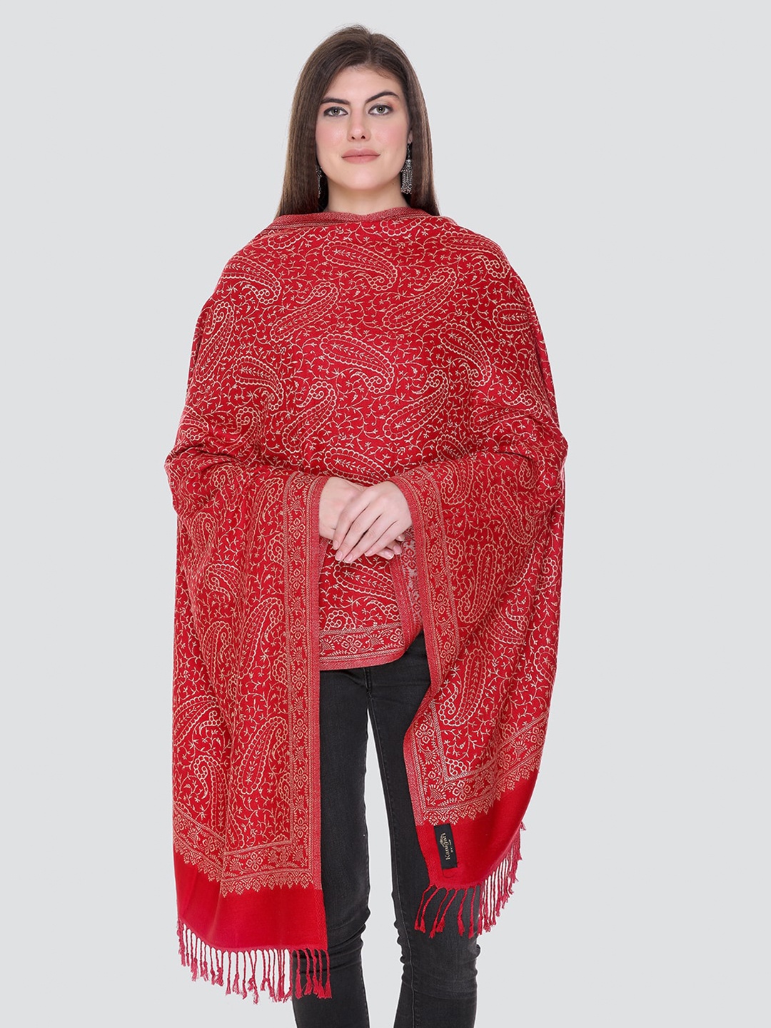 

KANIGARI Women Red & Cream-Coloured Woven Design Wool Stole