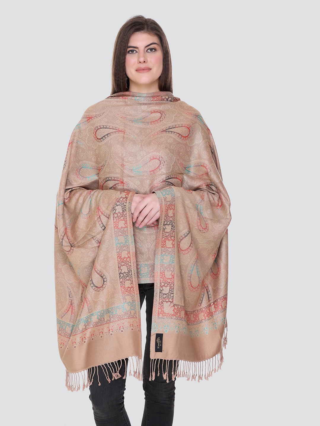 

KANIGARI Women Beige & Red Woven Design Wool Stole