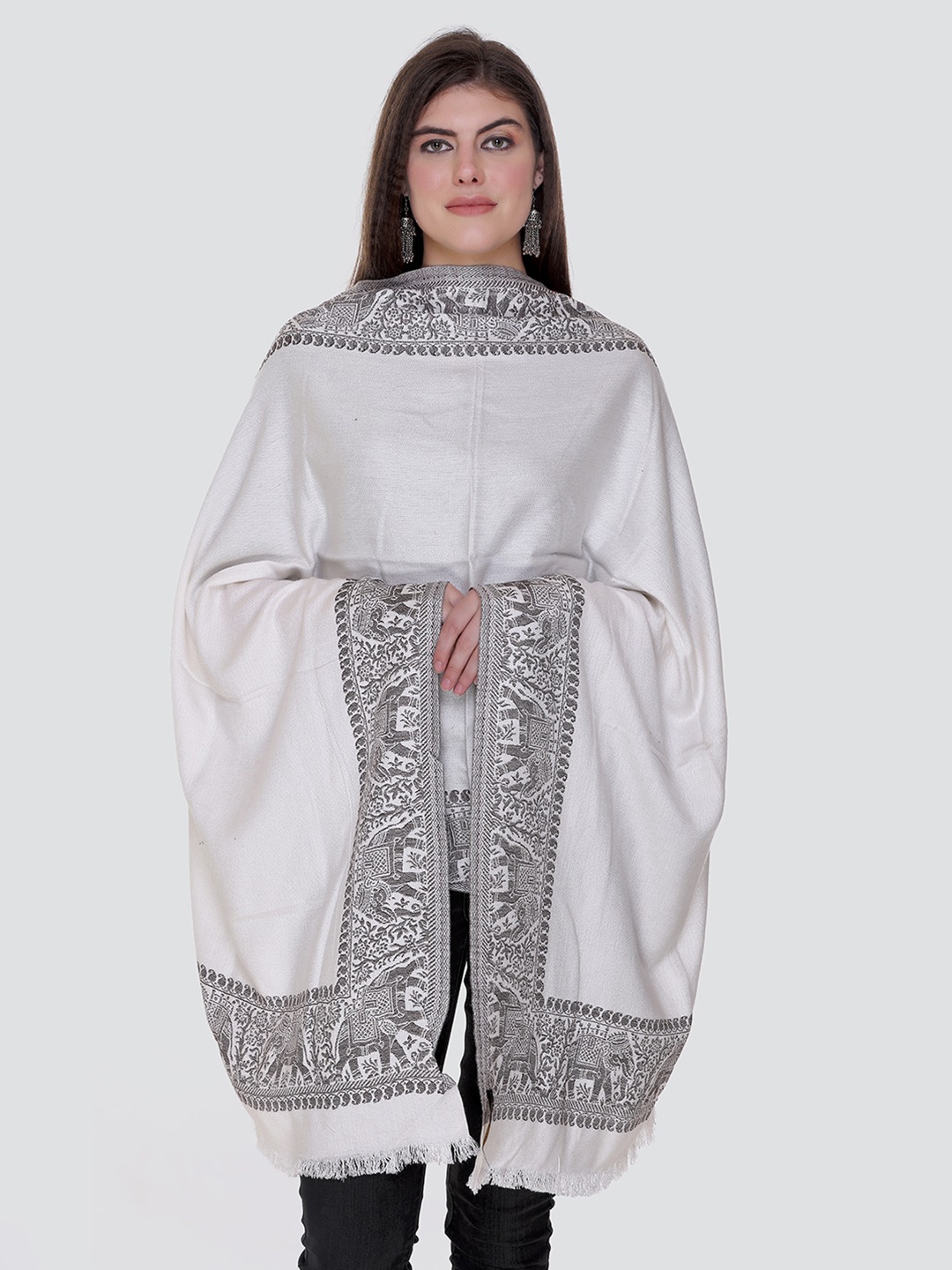 

KANIGARI Women White & Grey Woven Design Wool Stole