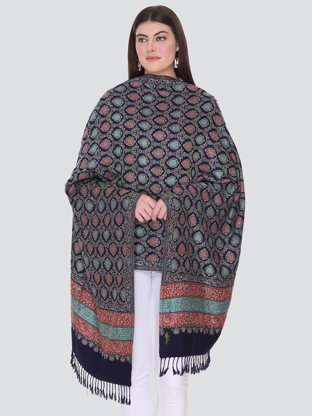 

KANIGARI Women Navy Blue & Blue Woven Design Wool Stole