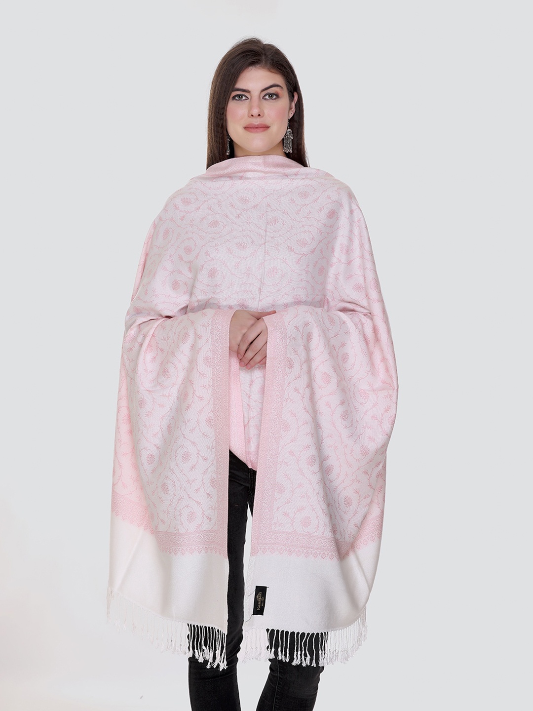 

KANIGARI Women White & Pink Woven Design Wool Stole