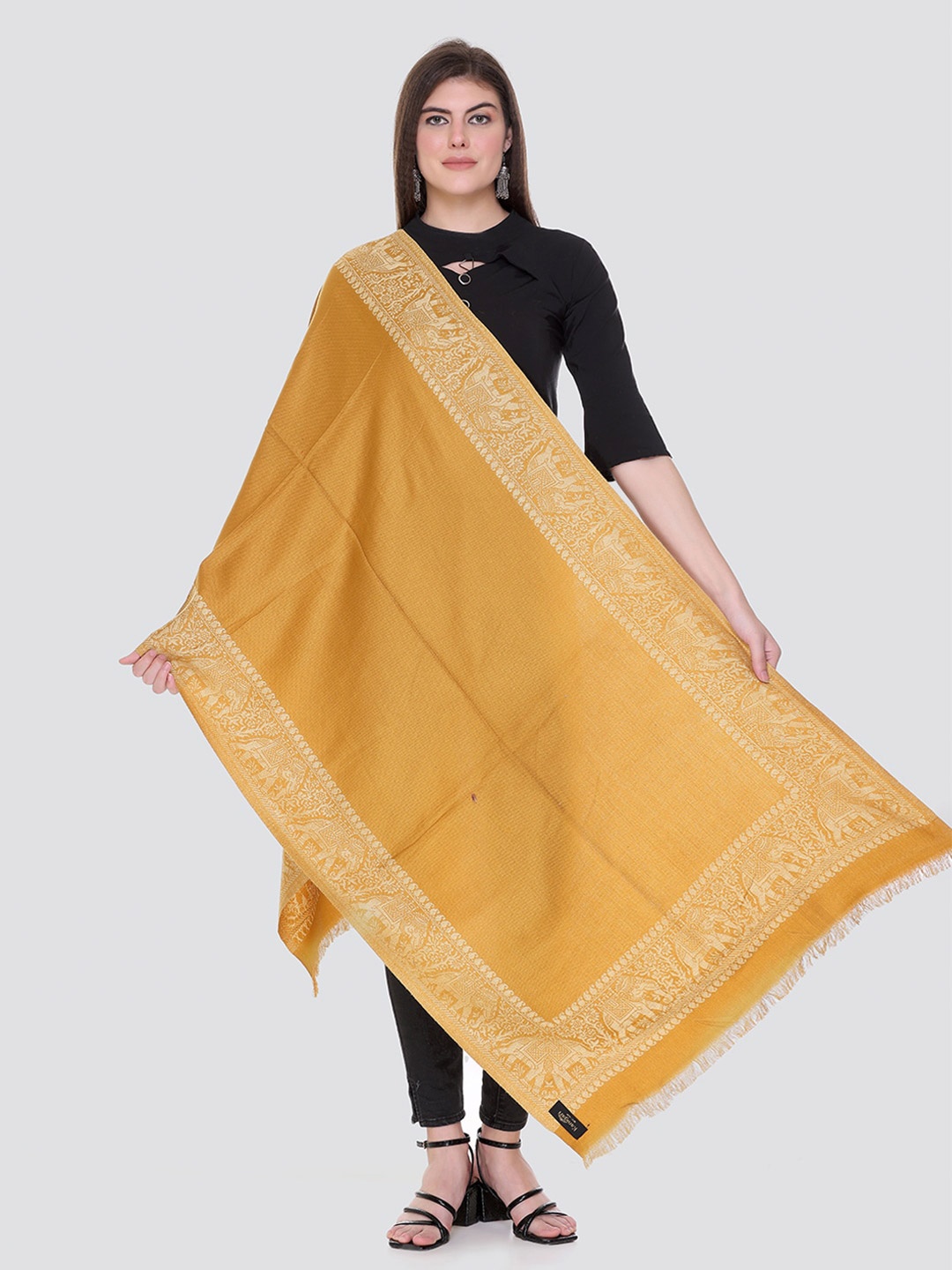 

KANIGARI Women Mustard & Cream-Coloured Woven Design Stole
