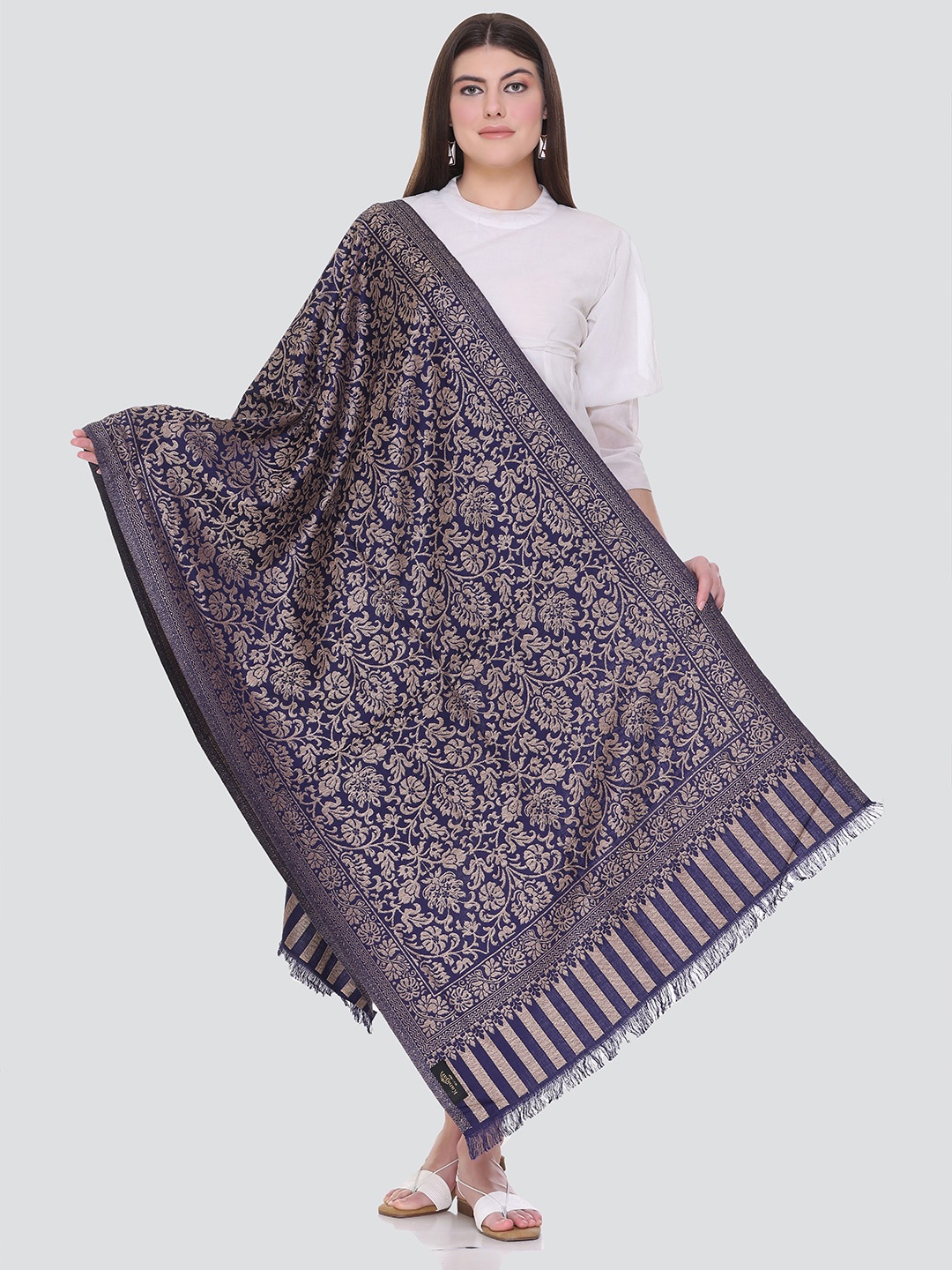 

KANIGARI Women Navy Blue & Gold-Toned Woven Design Stole